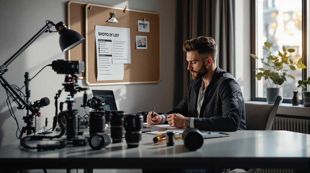 A man sits at a desk with camera equipment, writing notes for an upcoming event photo session. Behind him, a corkboard displays a SHOT TO-DO LIST and photos. The workspace is illuminated by a desk lamp and natural window light.