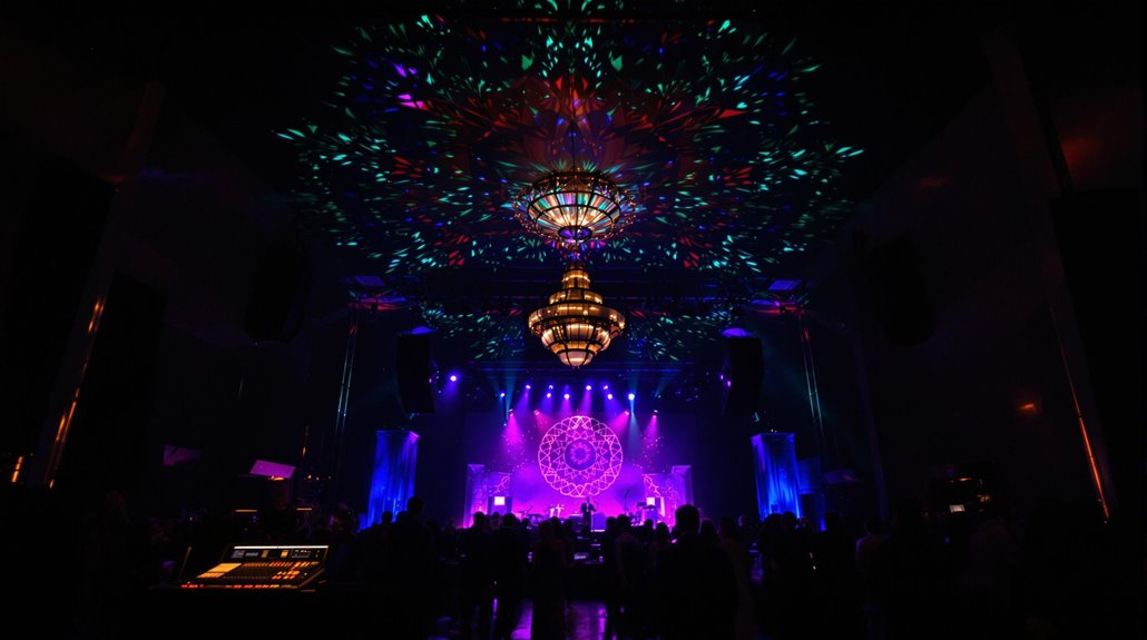 A concert hall with colorful lights from premium lighting packages projected onto the ceiling and walls, a large ornate chandelier, and a stage with purple lighting and a mandala design, all setting the scene for an unforgettable event.