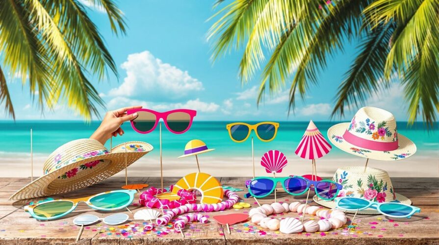 A tropical beach scene with palm trees, blue sea, and sky in the background. Sunglasses, straw hats, and colorful event theme accessories are arranged on a wooden table. A hand holds up bright pink photo booth props sunglasses.
