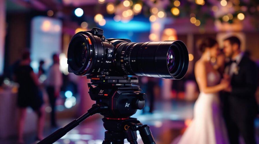 A professional video camera on a tripod is set up in a softly lit event space, where an event videographer captures a bride and groom dancing in the blurred background at a wedding reception.