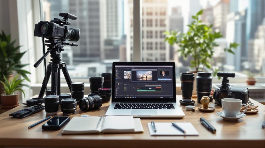 A desk set to prepare for event videography, featuring a laptop with video editing software, cameras, lenses, notebooks, pens, and a cup. Large windows in the background reveal city buildings and potted plants.