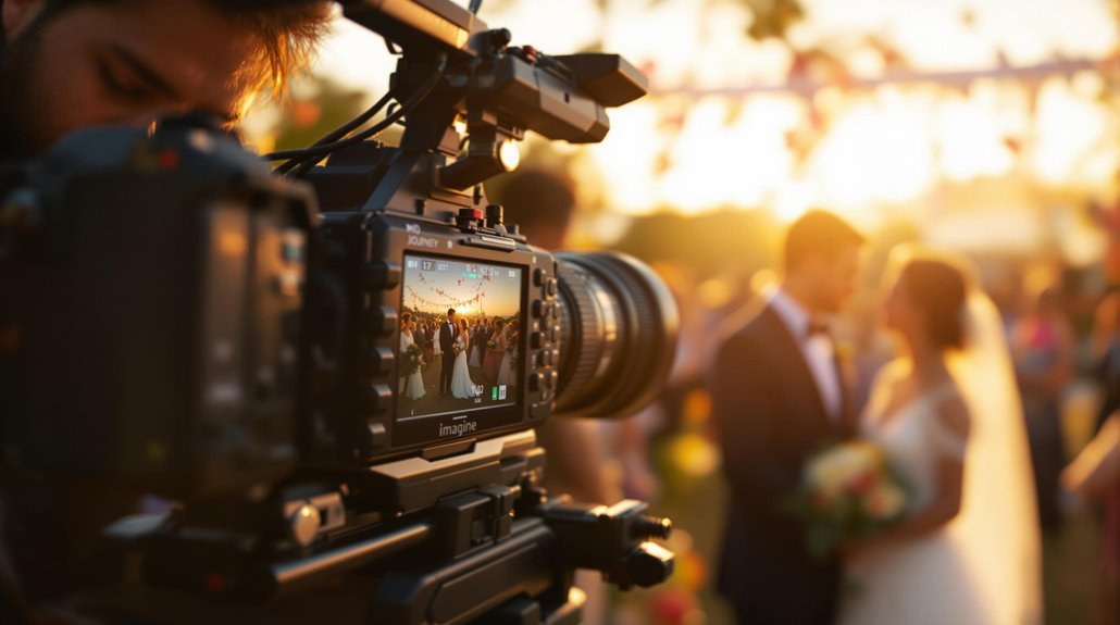 A close-up of a professional video camera capturing event memories at a wedding ceremony outdoors at sunset, with a bride and groom standing together in the blurred background, holding a bouquet.