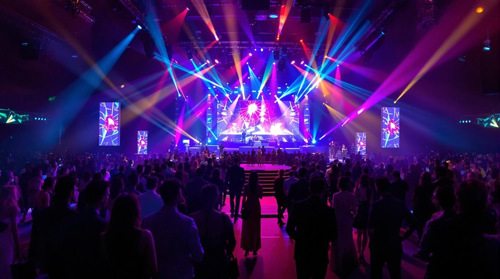 A large crowd faces a brightly lit concert stage with professional audio visual production—vibrant, multicolored spotlights and dynamic screens. The atmosphere is energetic and festive, as people stand and enjoy the live performance at this top-tier event.