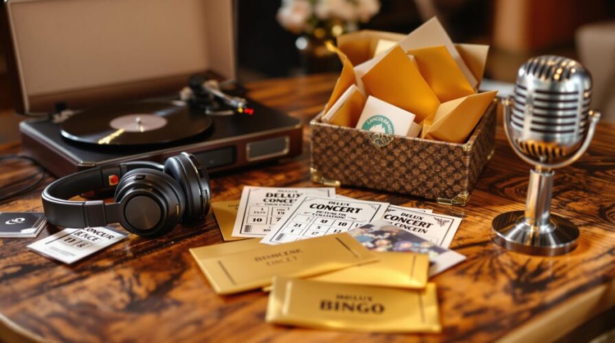 A wooden table with a record player, headphones, a vintage microphone, golden envelopes, bingo cards, concert tickets, and a box filled with more envelopes and cards—perfect for awarding top prizes at your next music bingo event.