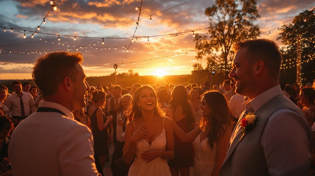 A joyful bride laughs with guests at an outdoor wedding reception during sunset. String lights hang above a crowd, creating a warm, festive atmosphere—perfect for an event photographer to capture every unforgettable moment.
