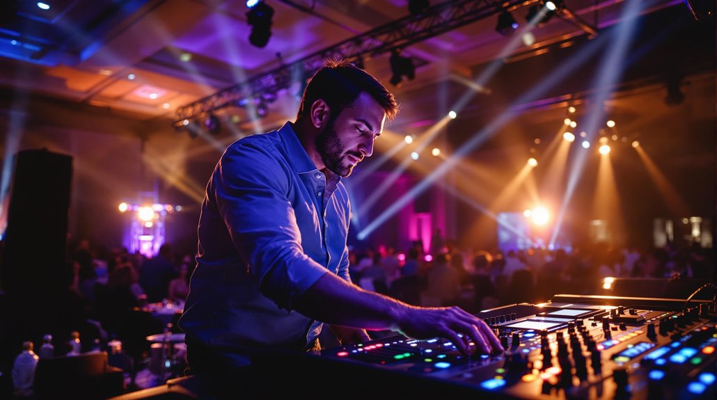 A DJ stands at a mixing console, adjusting controls under colorful stage lights by Rhinos Lighting & Sound at a lively indoor corporate event in Regina, with a blurred crowd and vibrant beams of light in the background.