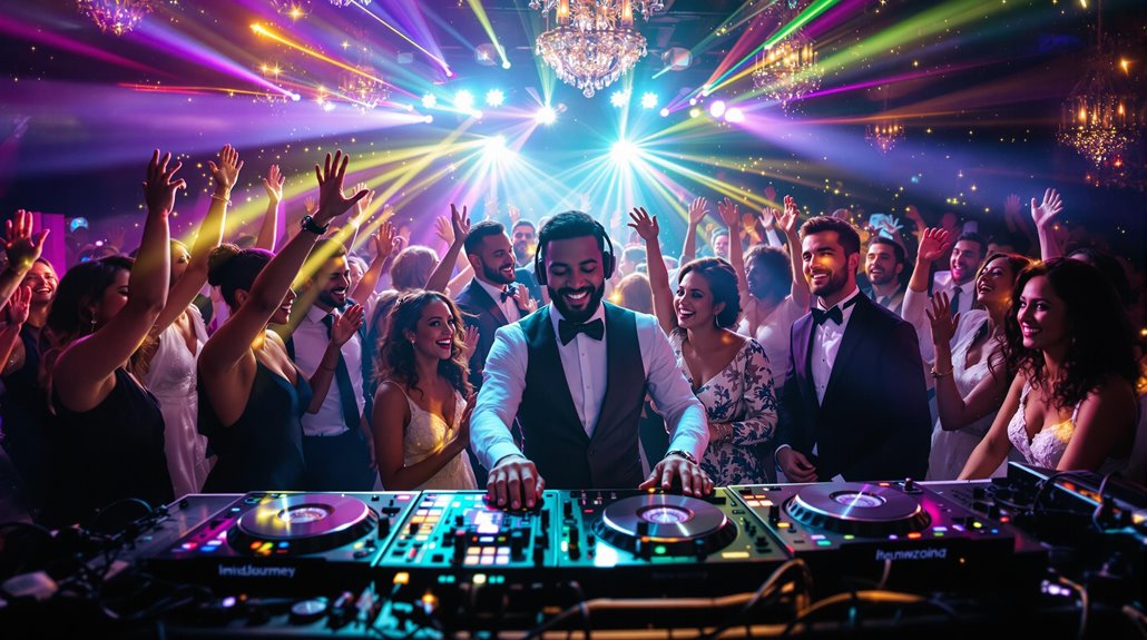 A Professional Wedding DJ in a tuxedo mixes music at a lively party in Regina, surrounded by dancing guests in formal attire under colorful lights and chandeliers, as everyone celebrates and enjoys the energetic atmosphere.