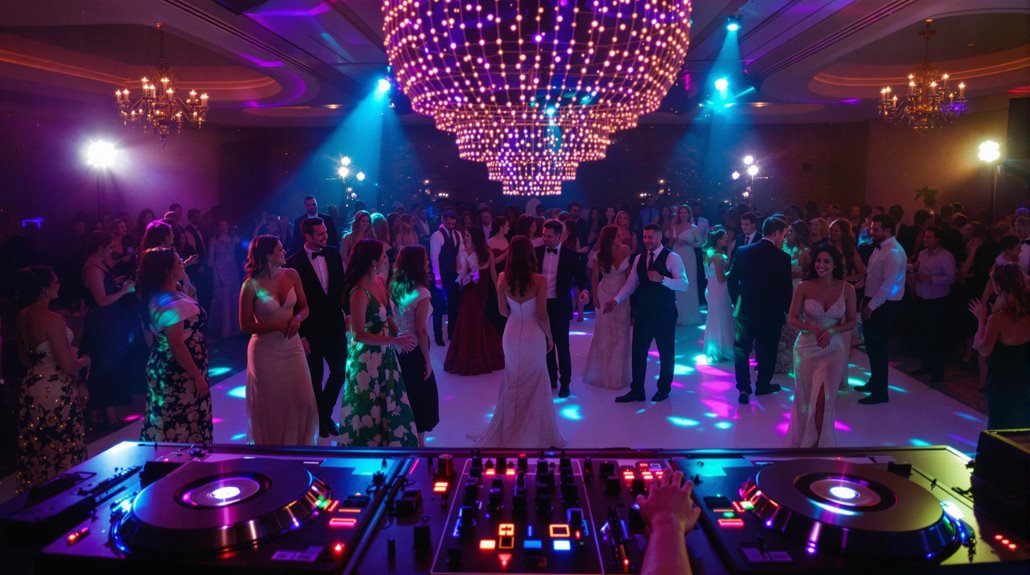 A lively group of people in formal attire dance under a large, glowing chandelier at a ballroom event, with colorful lights and a professional wedding DJ from Regina mixing music in the foreground.