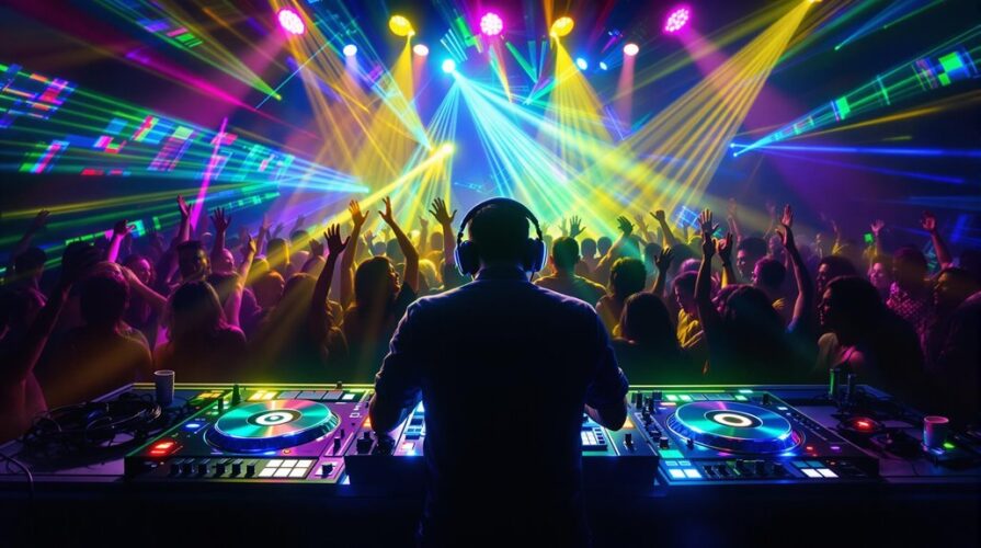 A professional DJ wearing headphones performs at a lively nightclub, with colorful lights and lasers illuminating dancing people and creating a vibrant party atmosphere.