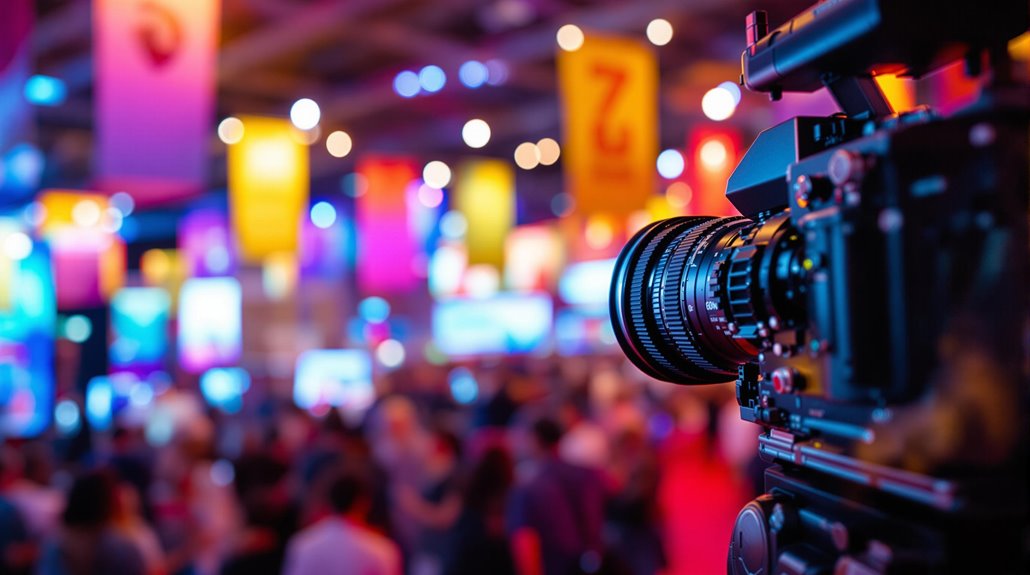 A professional video camera in sharp focus captures a lively, colorful event or convention, perfect for Event Marketing, with blurred crowds and vibrant banners in the background creating an energetic and bustling atmosphere.