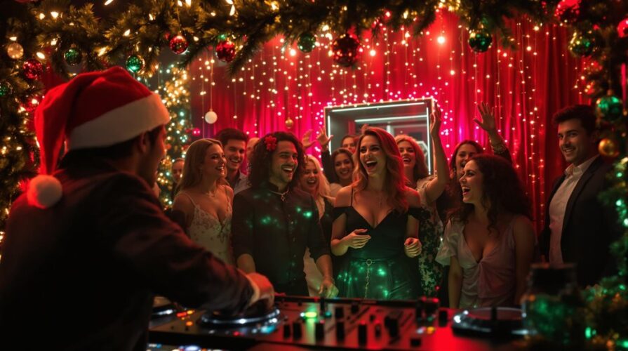 A DJ in a Santa hat plays music for a group of people dressed in festive attire, laughing and dancing under Christmas lights at a lively Regina Christmas party, complete with a fun photo booth for unforgettable memories.