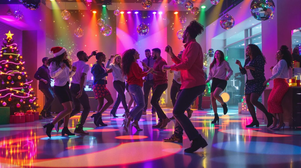 A group of coworkers dance energetically to holiday songs at a festive party, surrounded by colorful lights, disco balls, and a decorated Christmas tree with presents, creating a lively holiday atmosphere.