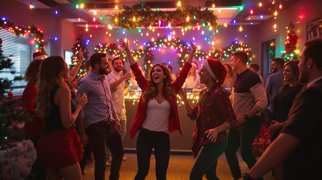 A group of coworkers celebrate at a festive holiday party indoors, surrounded by colorful string lights and decorations. They are laughing, dancing, and singing along to holiday songs in the lively atmosphere filled with holiday spirit.