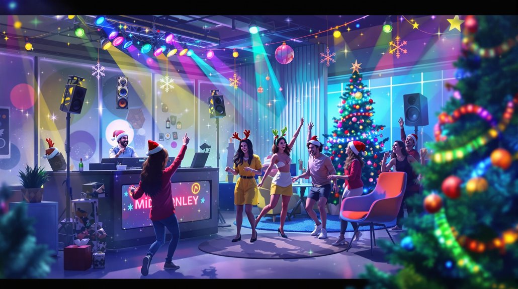 A festive room with coworkers dancing and celebrating near a decorated Christmas tree, colorful lights and ornaments, a DJ playing holiday songs, and holiday decorations including Santa hats and reindeer antlers.