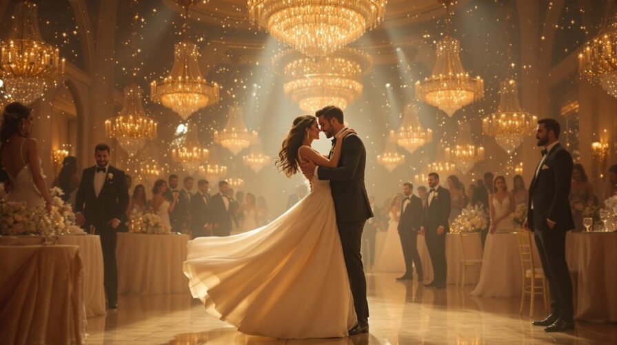 A bride and groom share a romantic first dance under grand chandeliers, surrounded by elegantly dressed guests in a lavish, warmly lit ballroom, setting the scene for unforgettable 2026 weddings and cherished first dance songs.