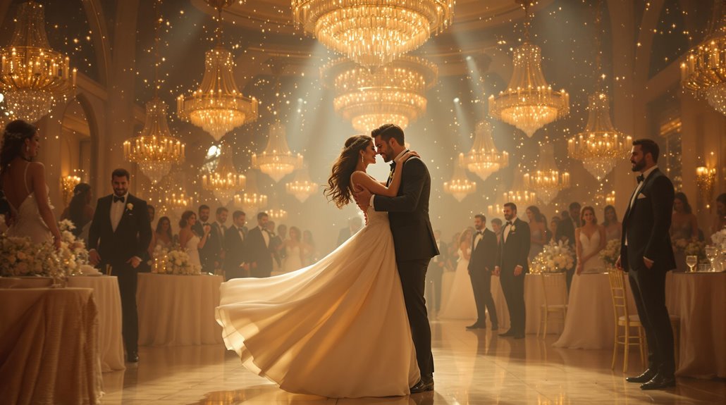 A bride and groom share a romantic first dance under grand chandeliers, surrounded by elegantly dressed guests in a lavish, warmly lit ballroom, setting the scene for unforgettable 2026 weddings and cherished first dance songs.