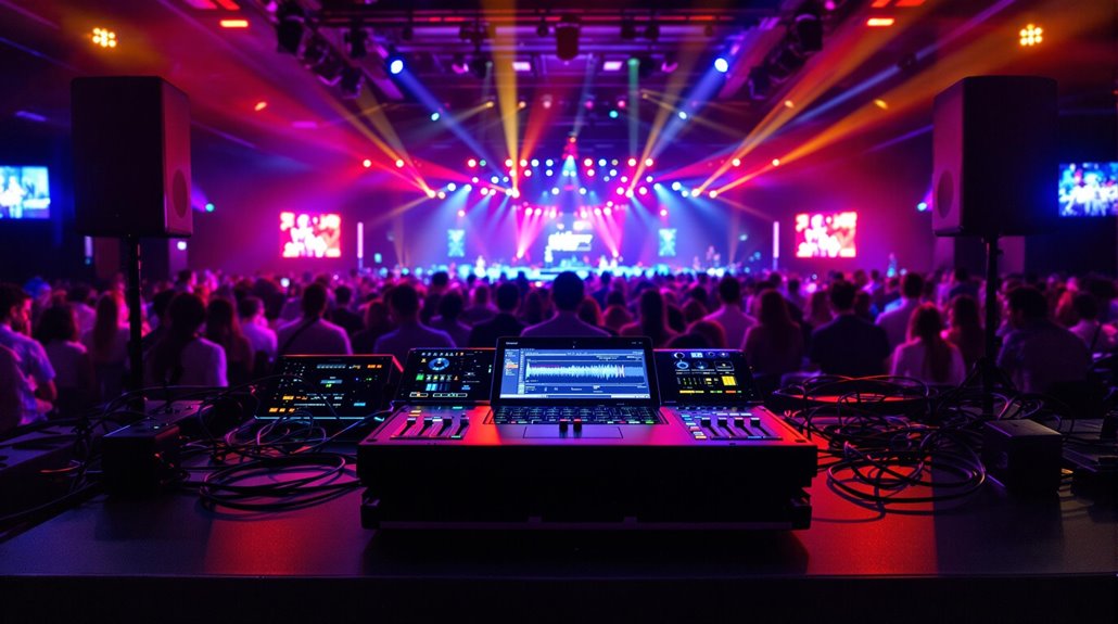 A lively concert scene from behind a DJ booth showcases mixing equipment and sound system rental gear in the foreground, with a large crowd watching a brightly lit stage and colorful spotlights in the background.