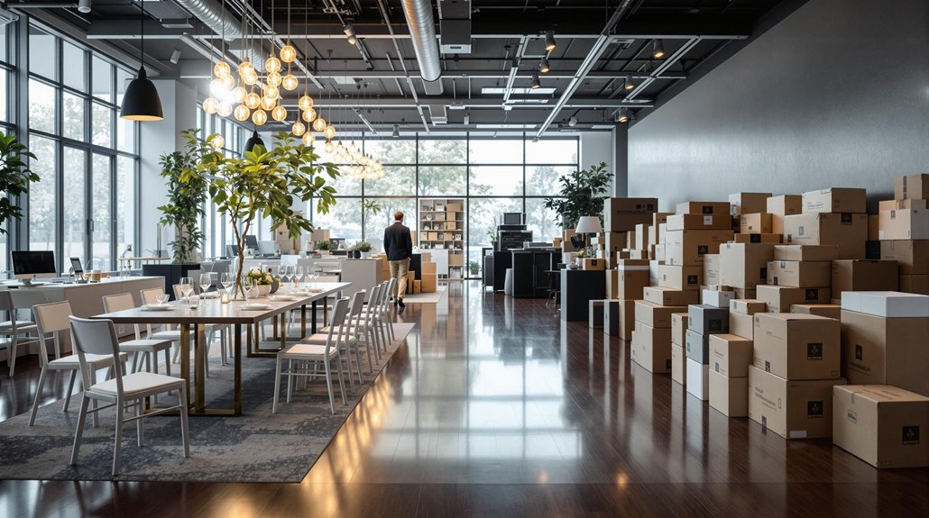 A spacious modern office with large windows, dining tables set for a meal, and numerous stacked cardboard boxes—ideal for those seeking cost-effective solutions like renting event equipment. The space features plants, exposed ceiling pipes, and a person near desks.