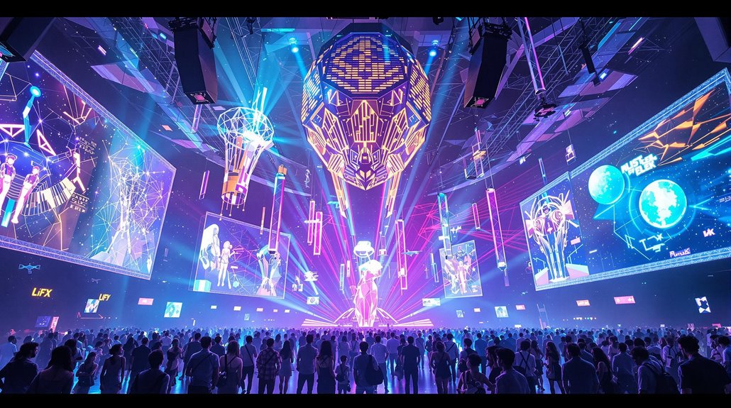 A large crowd gathers in a futuristic arena with vibrant neon lights, giant holographic displays, and cutting-edge event technology, creating an immersive, high-tech atmosphere reminiscent of a virtual concert or tech event.