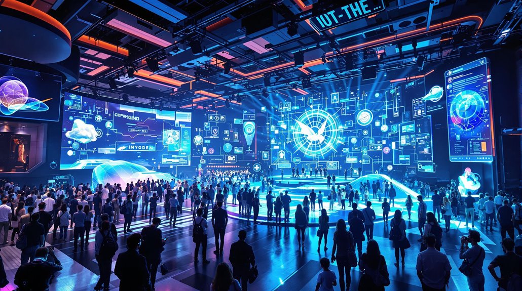 A large crowd attends a high-tech event in a futuristic venue, surrounded by digital screens displaying data, holograms, and technology visuals under vibrant blue and orange lighting, reflecting the latest Audio Visual Trends.