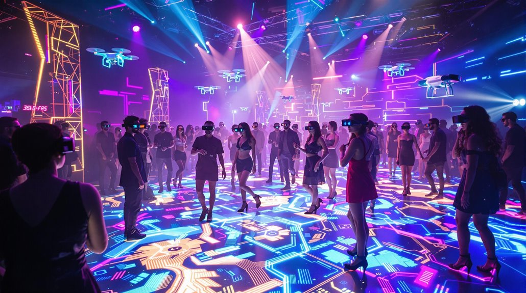 People wearing VR headsets dance on a vibrant, neon-lit floor with colorful digital patterns, captured through event photography that highlights the latest trends in futuristic projections and drones under dynamic stage lighting in a nightclub-like setting.