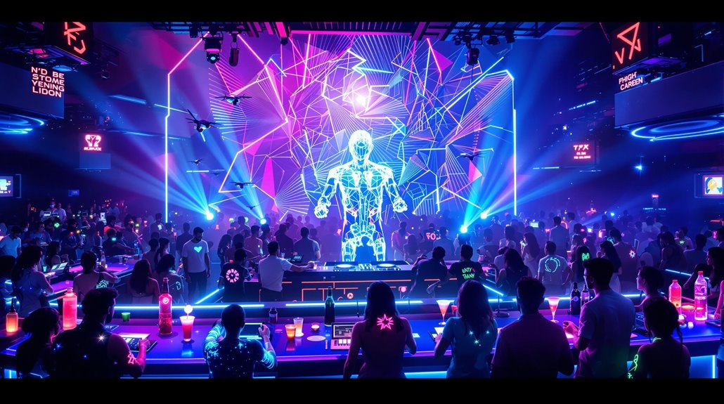 A vibrant nightclub scene in 2026 with a crowd facing a large digital screen displaying a neon, holographic figure. The room glows with blue and pink lights as people enjoy glowing drinks and neon accessories, reflecting new nightclub trends.