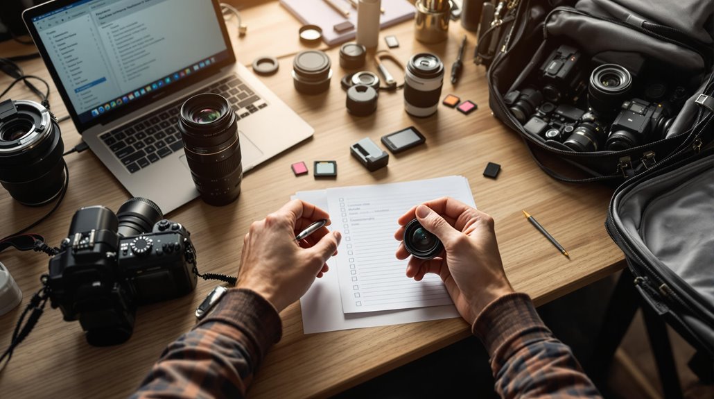 An event photographer organizes camera gear on a wooden desk with lenses, DSLR cameras, memory cards, a laptop, and a checklist, carefully inspecting a camera lens while preparing equipment behind the lens.