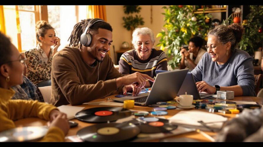 A group of people from different generations sit around a table with records and a laptop, smiling and enjoying Music Bingo playlists together in a cozy, sunlit room filled with plants and warm decorations.