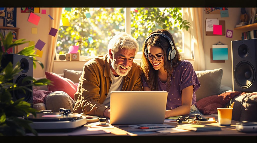 An older man and a young woman smile while using a laptop together in a cozy, sunlit room. The woman wears headphones; music equipment and colorful sticky notes hint at customized playlists, creating a creative and lively atmosphere.