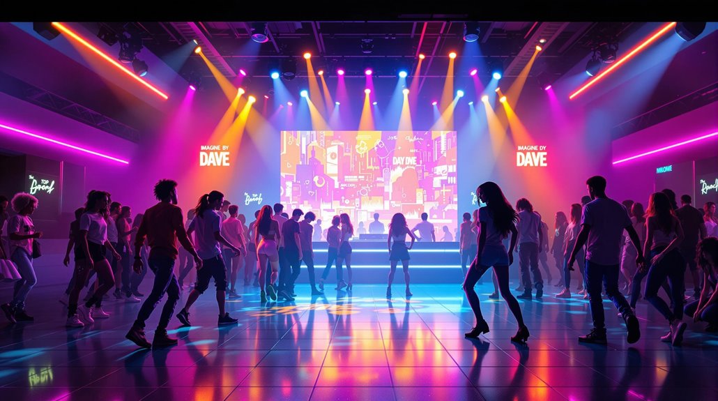 A large group of people dance on a lit-up floor in a modern nightclub, with colorful stage lights and a DJ in front of a bright screen displaying “MADE BY DAVE,” spinning top songs 2025. The atmosphere is lively and energetic.