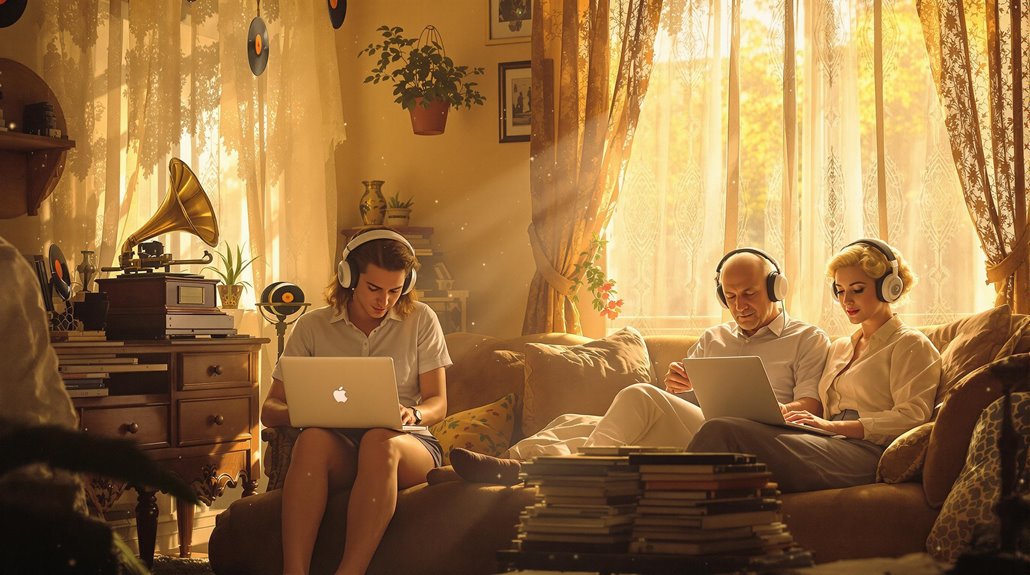 Three people sit on a cozy, sunlit couch, each wearing headphones and using laptops. Vintage decor and a gramophone add nostalgia as they enjoy customizing music bingo playlists that appeal to different generations in the golden-lit living room.