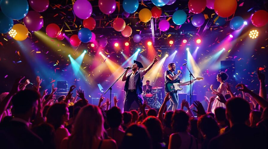 A lively concert scene with a band performing on stage, colorful lights and balloons overhead, confetti falling, and a cheering crowd celebrating milestones—the perfect graduation party entertainment filled with music and festive energy.