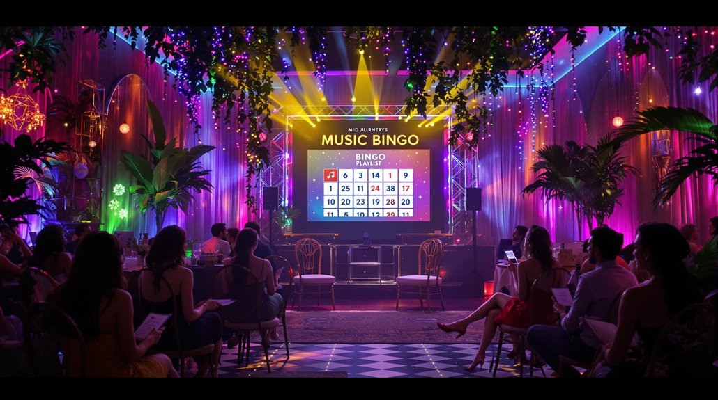 A lively, colorful event with seated guests watching a large screen on stage displaying a Music Bingo card. Custom playlists set the mood as the venue sparkles with plants, string lights, and vibrant lighting for themed parties.