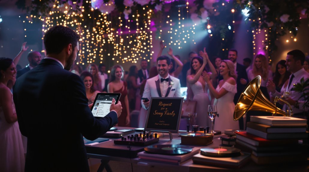 A DJ uses a tablet to take guest song requests at a lively wedding reception, as the bride, groom, and guests dance under string lights and hanging flowers; a gramophone and books decorate the DJ table.