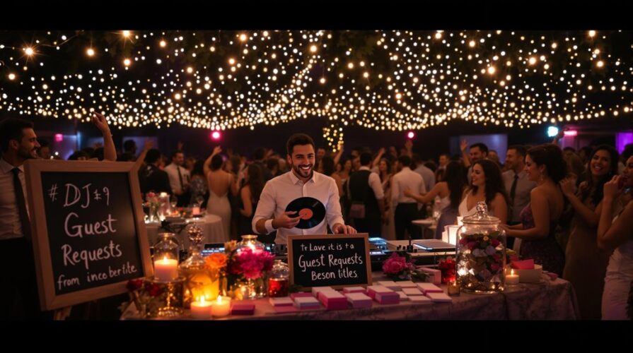 A smiling DJ holds a vinyl record at a lively party, surrounded by dancing guests under twinkling string lights. A chalkboard invites wedding playlist song requests, and the table is decorated with candles, flowers, and jars of sweets.