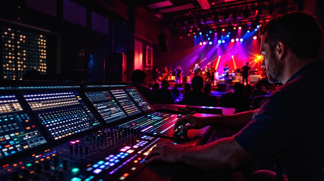 A sound engineer shapes the bands signature sound at a large digital mixing console in a dimly lit venue, as colorful stage lights illuminate the performers in the background.