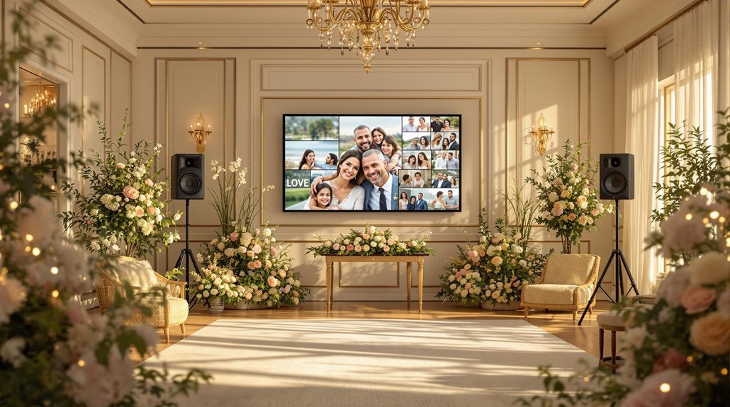 A decorated ballroom with floral arrangements, two chairs, AV services, and a large screen showing a video call with smiling families, suggesting a customizing life celebration or virtual wedding event.