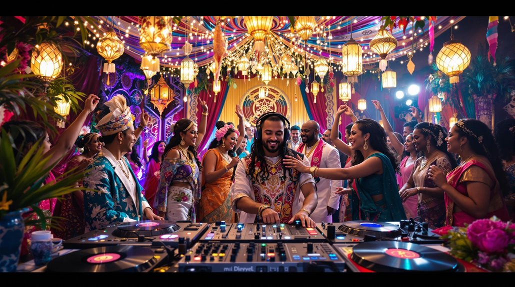 A lively DJ in festive attire plays wedding music at a colorful Indian-themed party, surrounded by smiling guests dancing under bright lanterns and draped decorations. Everyone appears joyful, embracing cultural traditions in celebration.