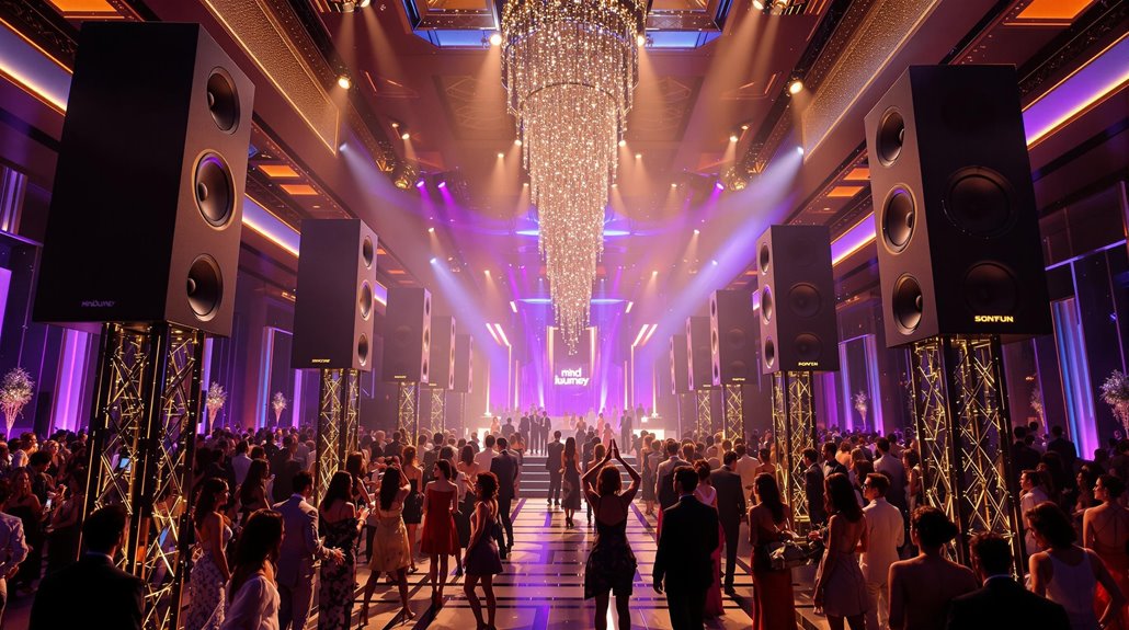 A large crowd attends a glamorous indoor event with elegant lighting, a grand chandelier, and tall speakers. The benefits of sound system rental are clear, as professional sound systems ensure guests enjoy vibrant music in this festive atmosphere.