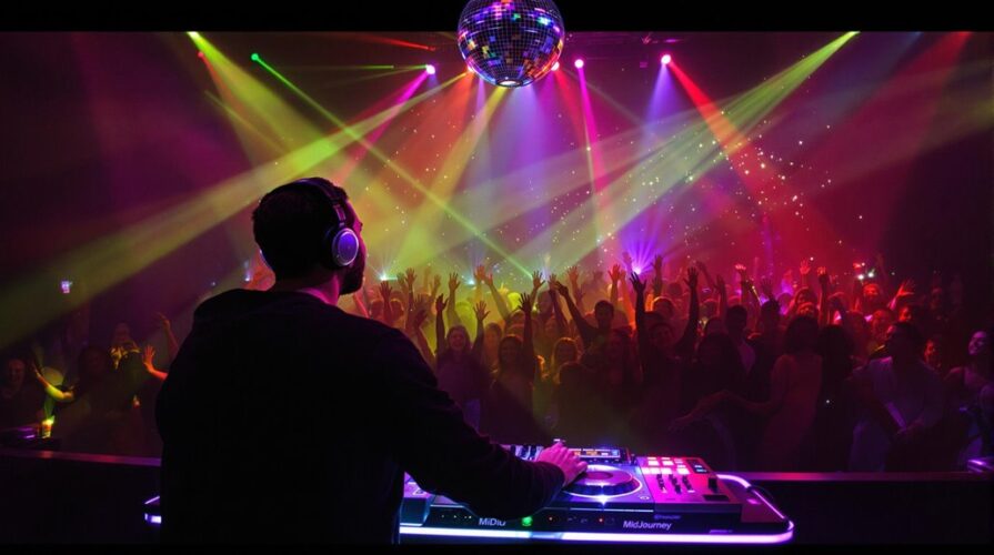 A DJ wearing headphones plays music at a lively nightclub filled with dancing people, colorful lights, and a disco ball—creating unforgettable memories just like top-tier High School Dance DJ Services.