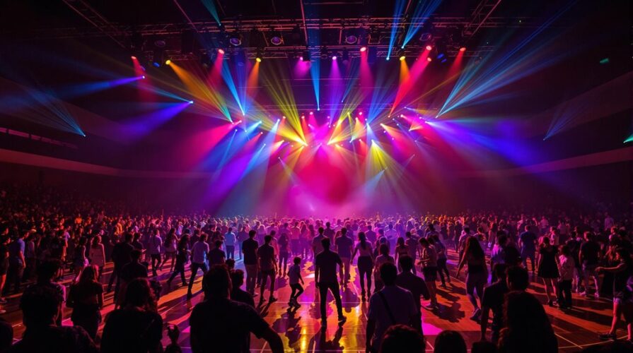A large crowd of people stands in front of a stage, illuminated by vibrant, professional lighting in a dark indoor concert venue. The sound is powerful, creating a lively and energetic atmosphere perfect for high school events.