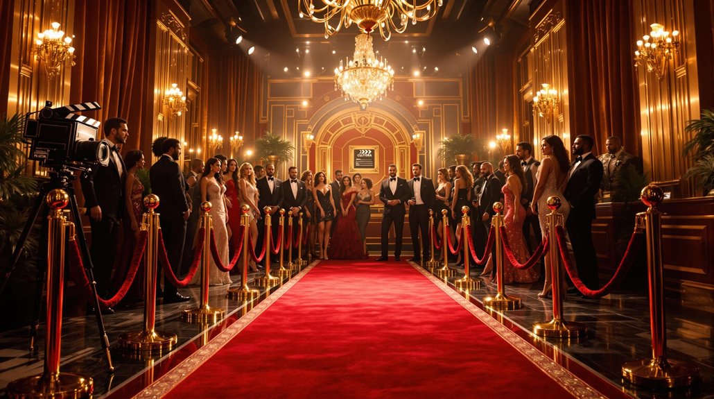 A glamorous group of elegantly dressed people stands on either side of a red carpet in a grand, opulent hall with chandeliers and gold accents—perfect inspiration for luxury-themed party planning or sophisticated entertainment ideas.