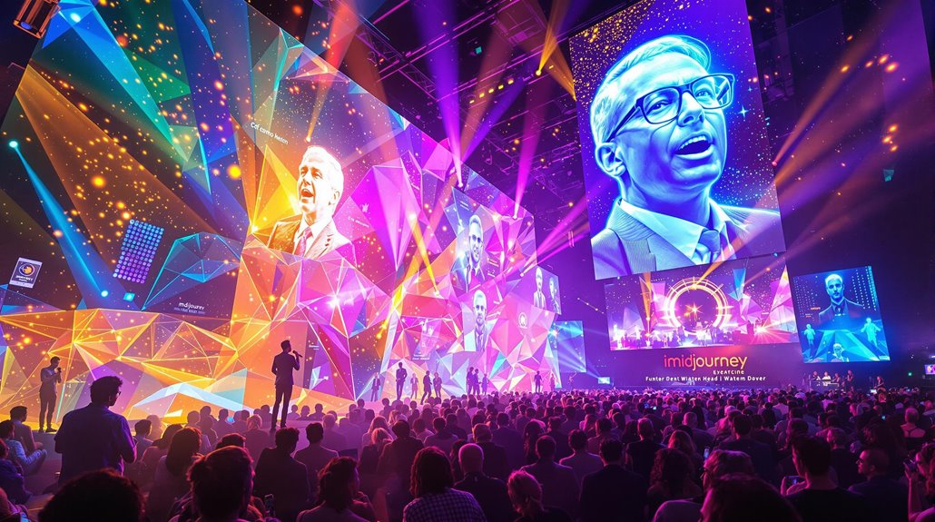 A large audience watches a vibrant, futuristic stage with colorful lights and digital art. Giant screens display a man speaking passionately, showcasing 2026 Audio Visual Trends and creating an energetic, high-tech atmosphere at the event.