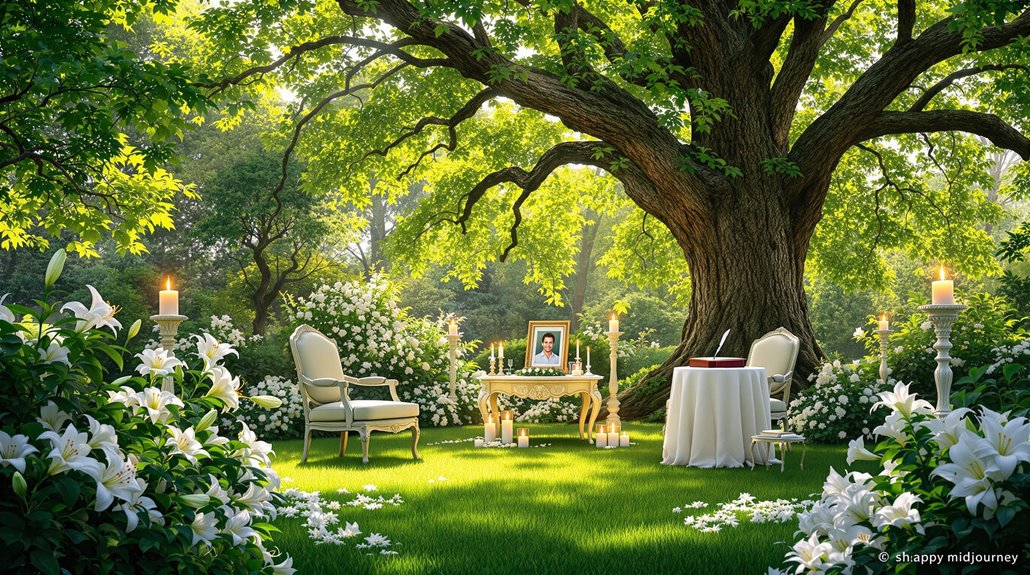 A serene memorial service in a sunlit garden features a large tree, white flowers, candles, two elegant chairs, a small table with a framed photo, and a bowl, all surrounded by lush greenery and soft sunlight.