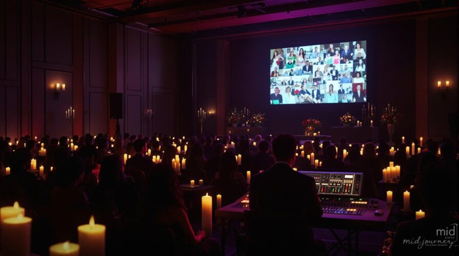 A dimly lit room filled with people among glowing candles faces a large screen displaying a virtual meeting for Times of Remembrance. At the back, a person operates audio equipment, reflecting the importance of professional AV Services in this solemn atmosphere.