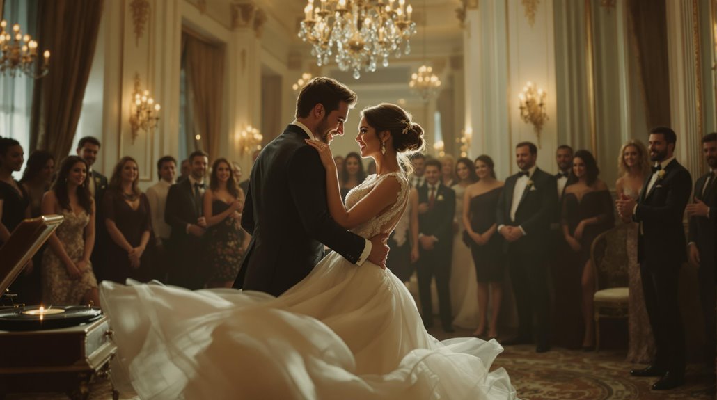 A bride and groom share their first dance in an elegant ballroom, delighting guests with a surprise wedding dance beneath sparkling chandeliers. Smiling friends and family in formal attire watch the magical moment unfold.