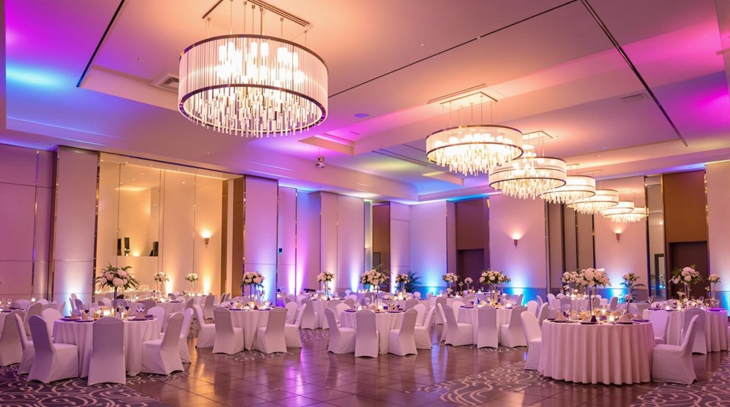 A spacious, elegant banquet hall is set for an event with round tables, white chairs, floral centerpieces, and glowing chandeliers. Soft purple, pink, and blue event space lighting beautifully transform the room’s atmosphere.