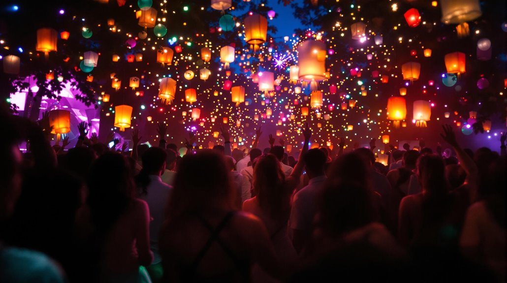 A large crowd celebrates at night under trees, surrounded by colorful glowing lanterns and string lights, as lively sound and creative lighting create a festive, magical atmosphere perfect for celebrations of life.