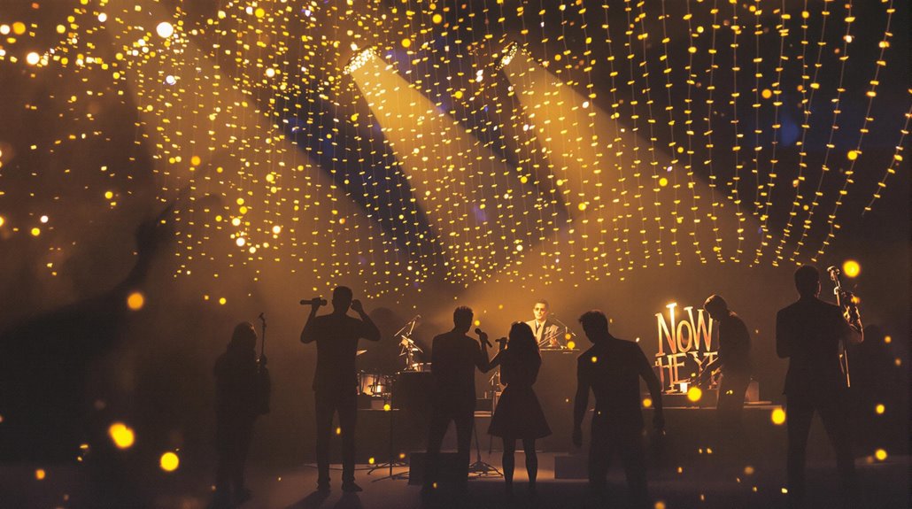 A band performs on stage under warm, golden string lights, enhanced by dynamic lighting and rich sound. Silhouettes of singers and musicians create a festive, vibrant atmosphere as NOW glows in the background—perfect for celebrations of life.