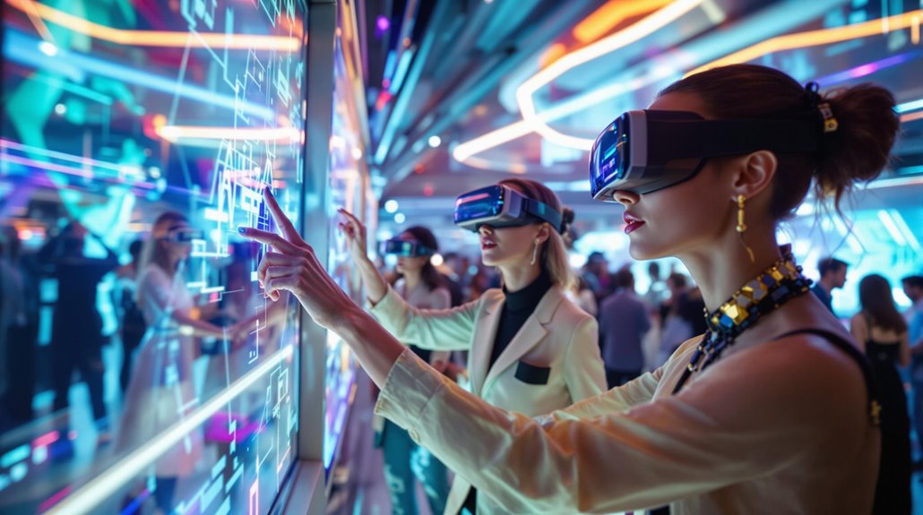 Two women wearing VR headsets interact with a large touch screen in a futuristic, neon-lit space filled with people and digital displays—capturing the cutting-edge trends 2026 in immersive event photography.